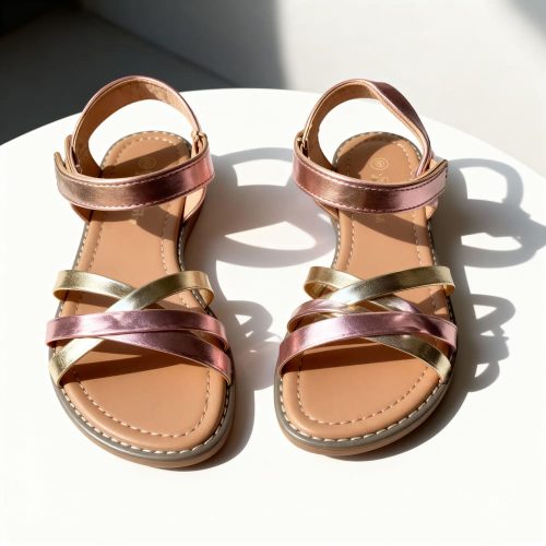 Girl’s rose gold strappy sandals with flat sole