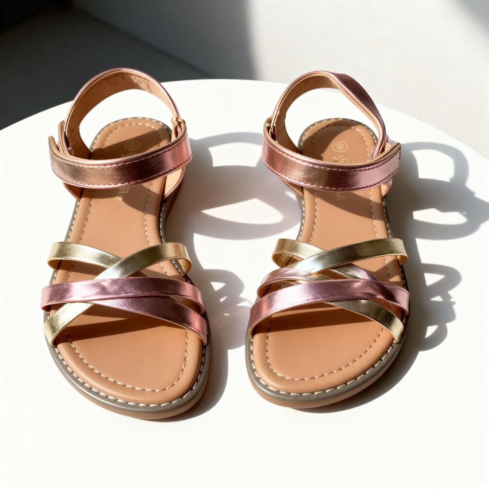 Girl’s rose gold strappy sandals with flat sole