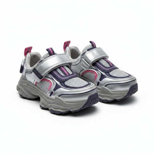 Girl’s silver chunky sneakers with pink and purple accents