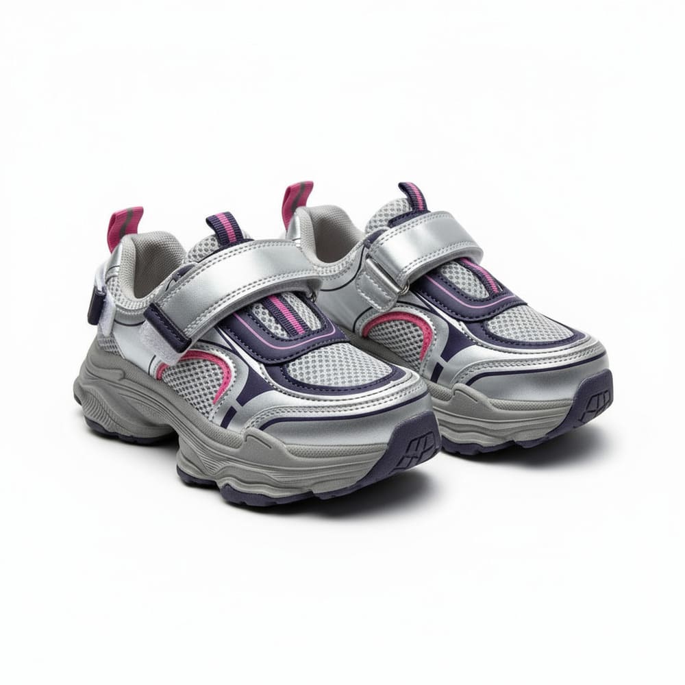 Girl’s silver chunky sneakers with pink and purple accents