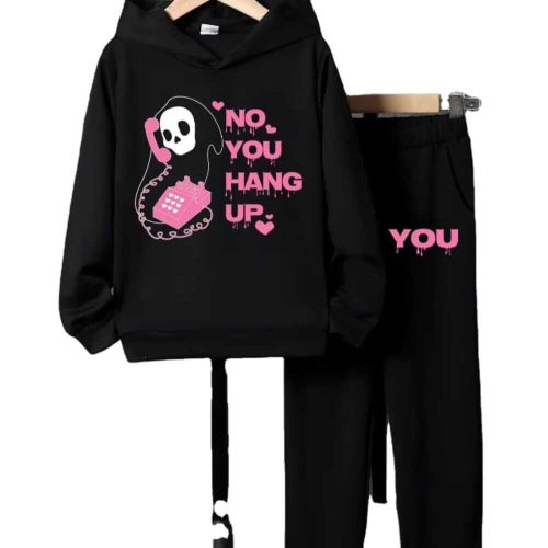 Boy wearing black hoodie with pink skull and “No You Hang Up” print