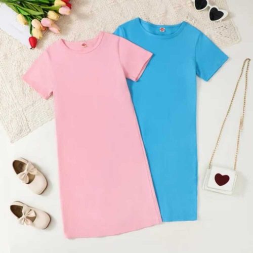 Girl wearing soft pink and bright blue short-sleeve dresses