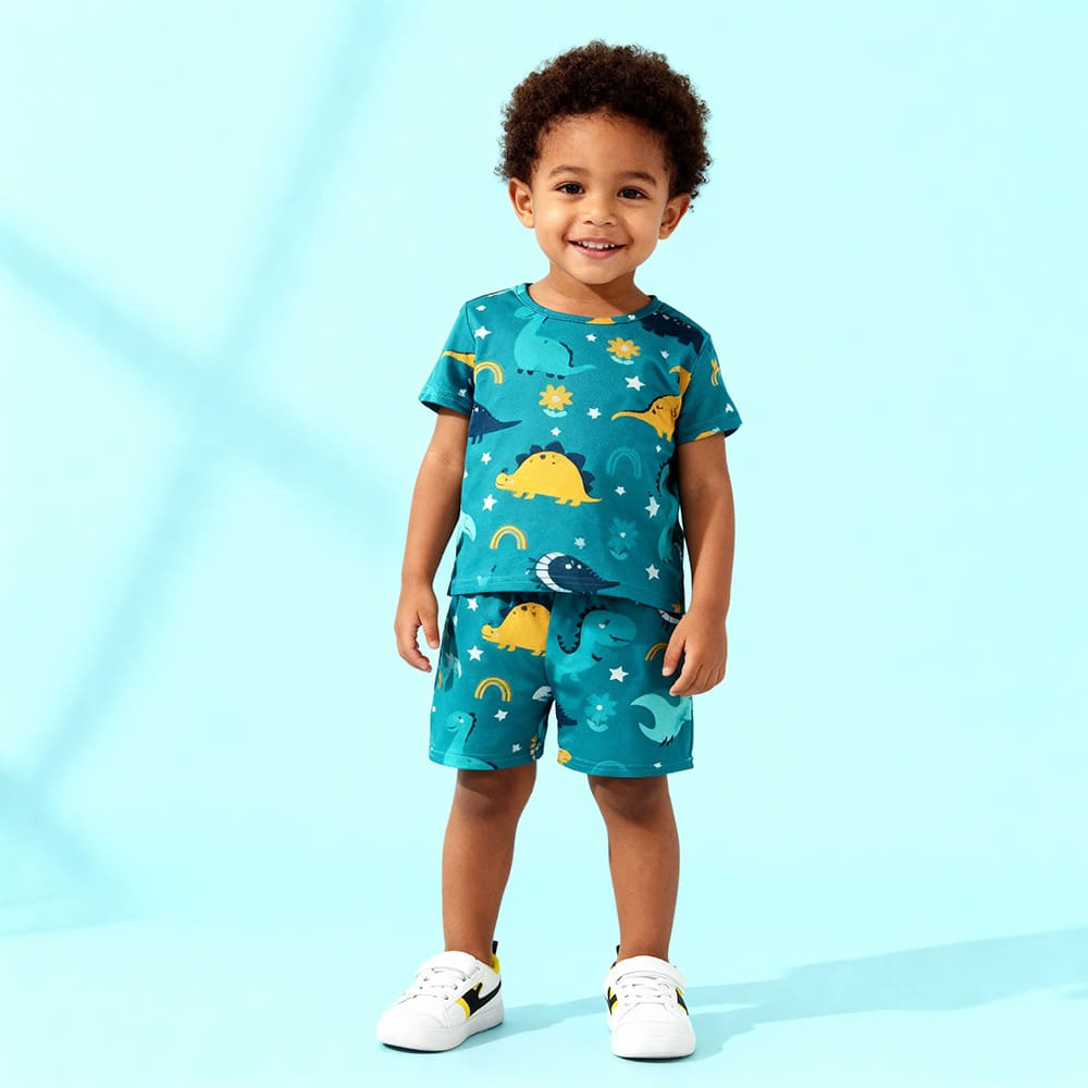 Navy dinosaur-in-space print pajama set