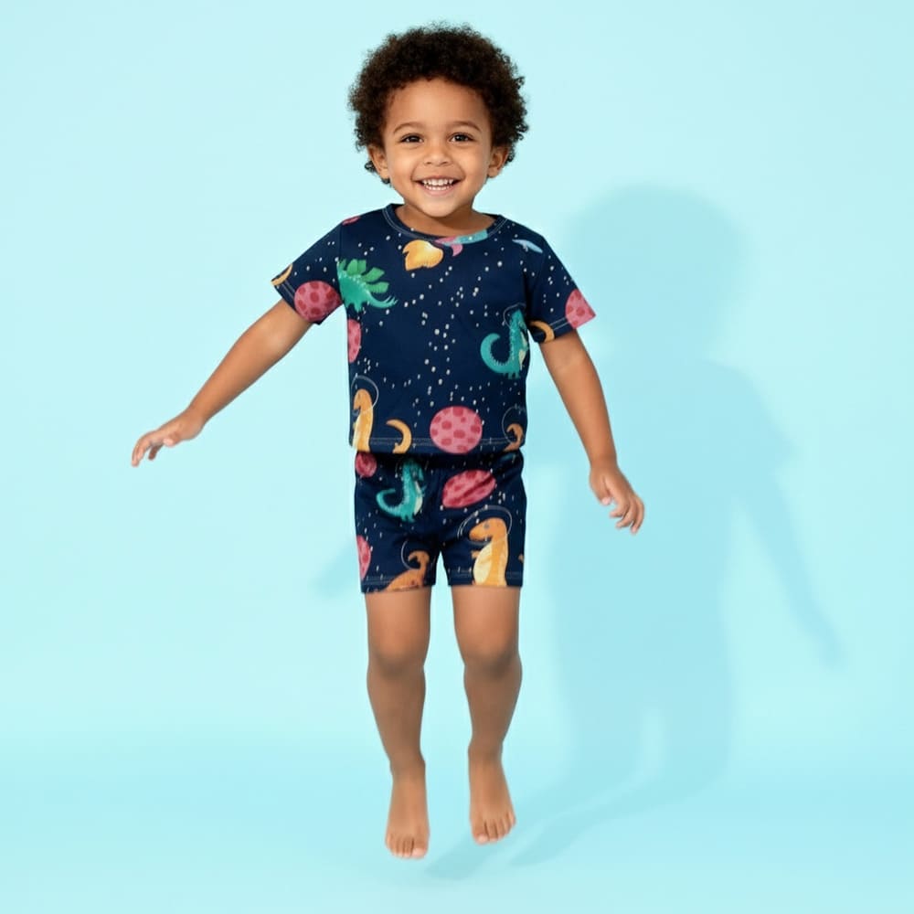 Navy dinosaur-in-space print pajama set