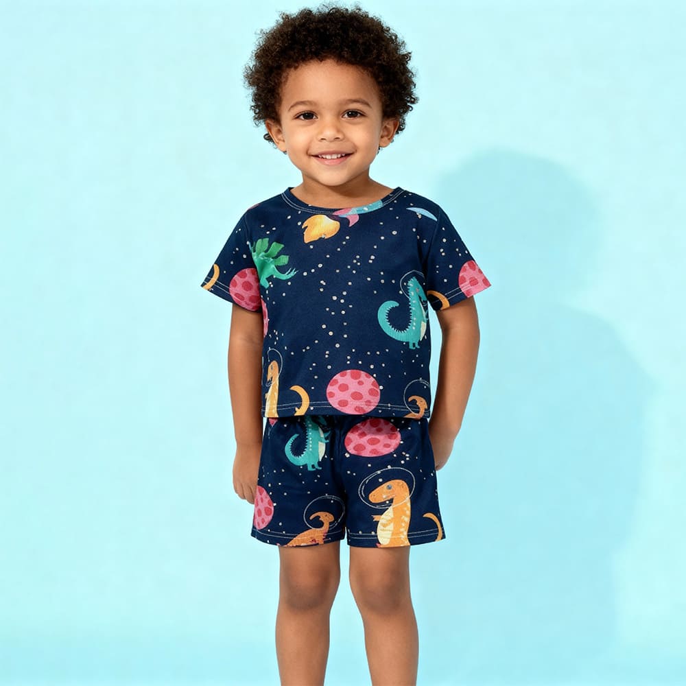Navy dinosaur-in-space print pajama set