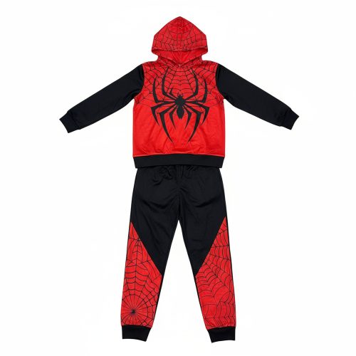 Boy wearing red spider-man hoodie and black web-print joggers