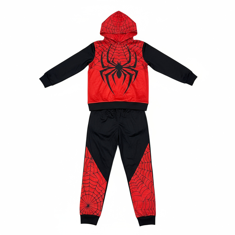 Boy wearing red spider-man hoodie and black web-print joggers