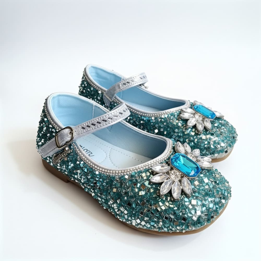 Girl’s teal glitter Mary Jane shoes with blue gemstone embellishment