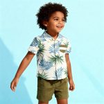White leaf-print shirt and olive shorts toddler set