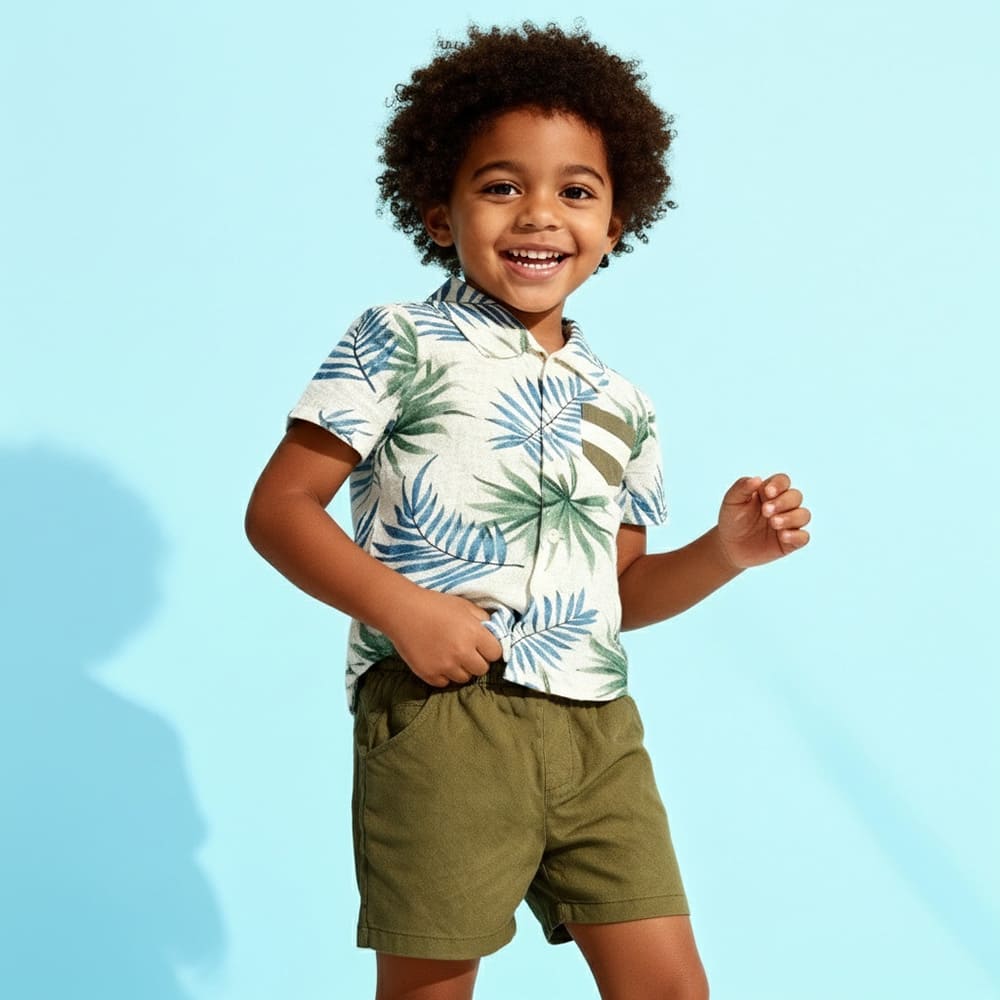White leaf-print shirt and olive shorts toddler set