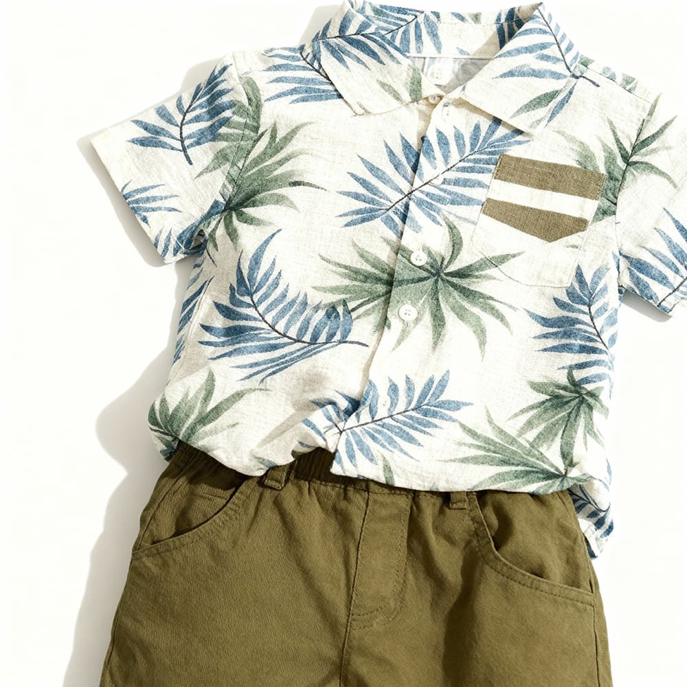White leaf-print shirt and olive shorts toddler set