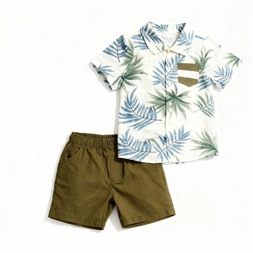 White leaf-print shirt and olive shorts toddler set