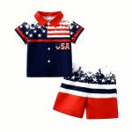 Boy wearing red-white-blue flag polo and matching shorts