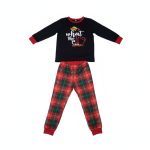 Kid wearing black “What the Elf?” pajamas with plaid pants