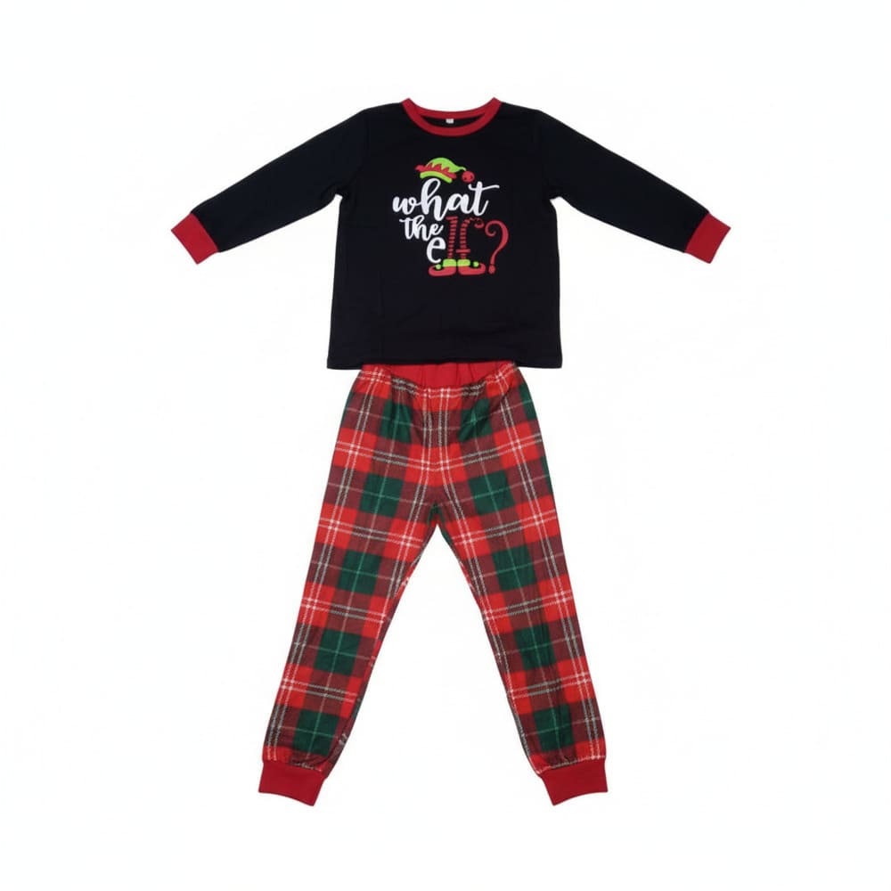 Kid wearing black “What the Elf?” pajamas with plaid pants